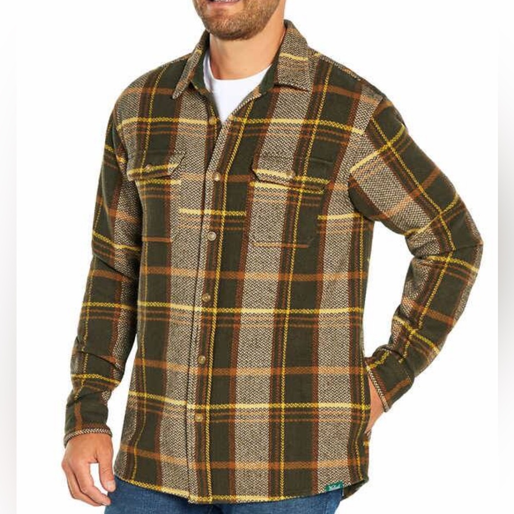 Men's Olive & Brown Plaid Flannel Shirt Jacket